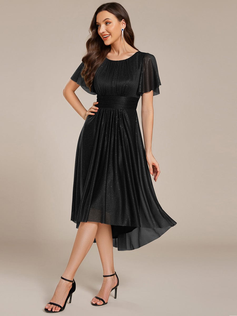 Short Sleeves Round Neck Asymmetrical Midi Wedding Guest Dress #color_Black