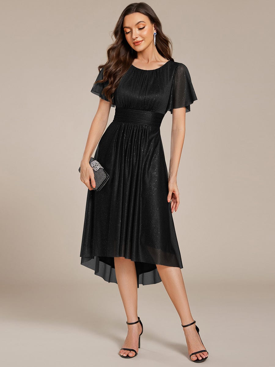 Short Sleeves Round Neck Asymmetrical Midi Wedding Guest Dress #color_Black