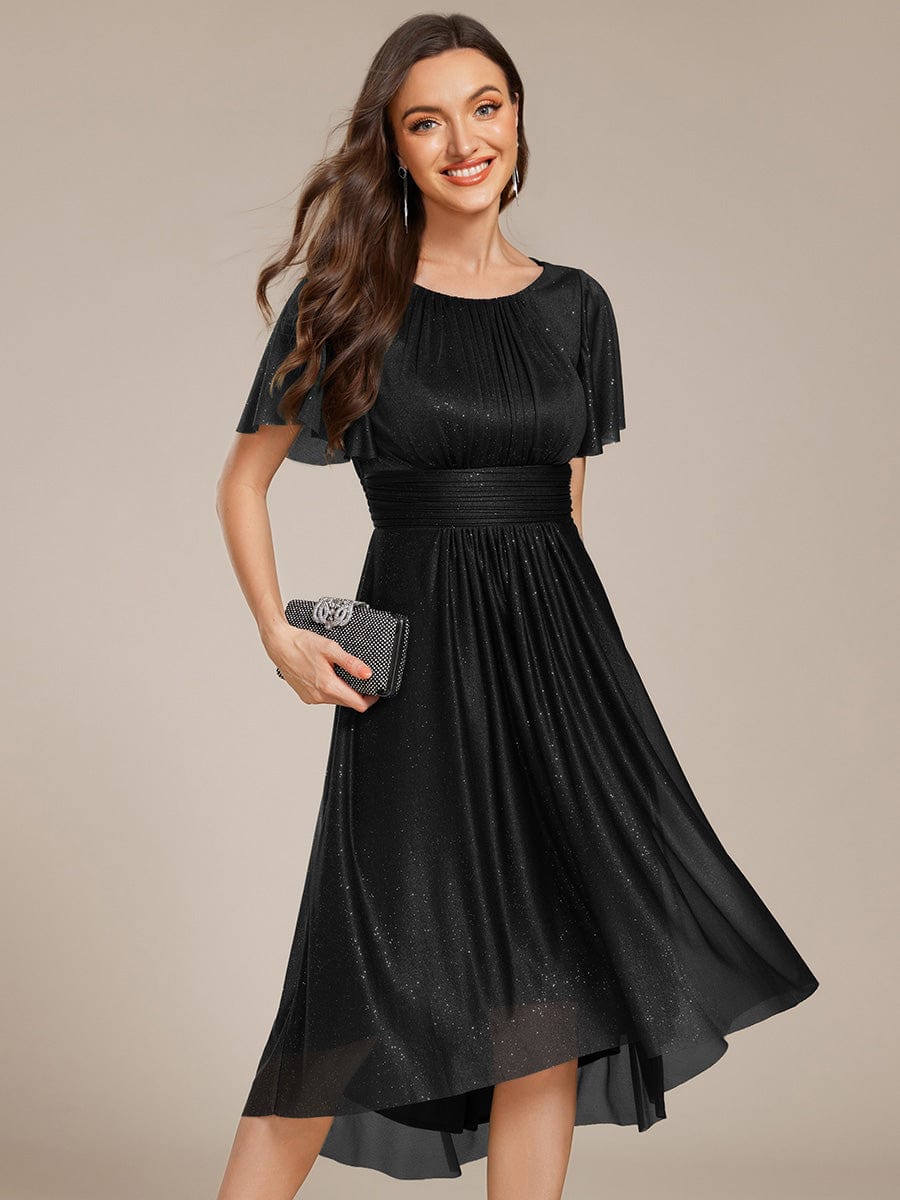 Short Sleeves Round Neck Asymmetrical Midi Formal Dress #color_Black