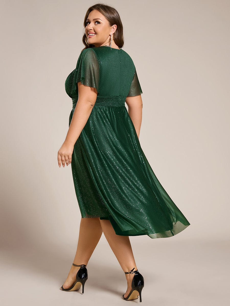 Plus Size Sequin Round Neck Asymmetrical Midi Wedding Guest Dress #color_Dark Green