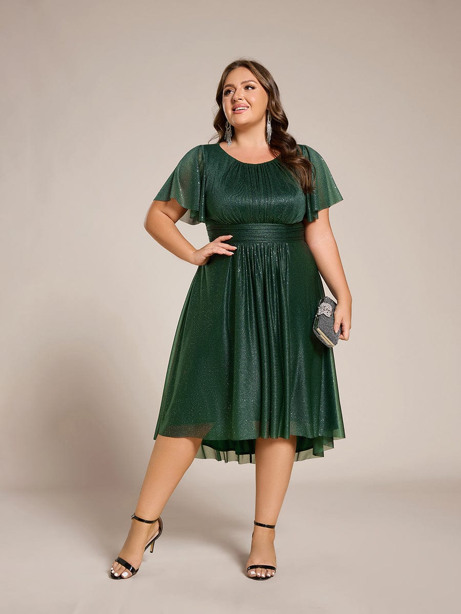 Plus Size Sequin Round Neck Asymmetrical Midi Wedding Guest Dress #color_Dark Green