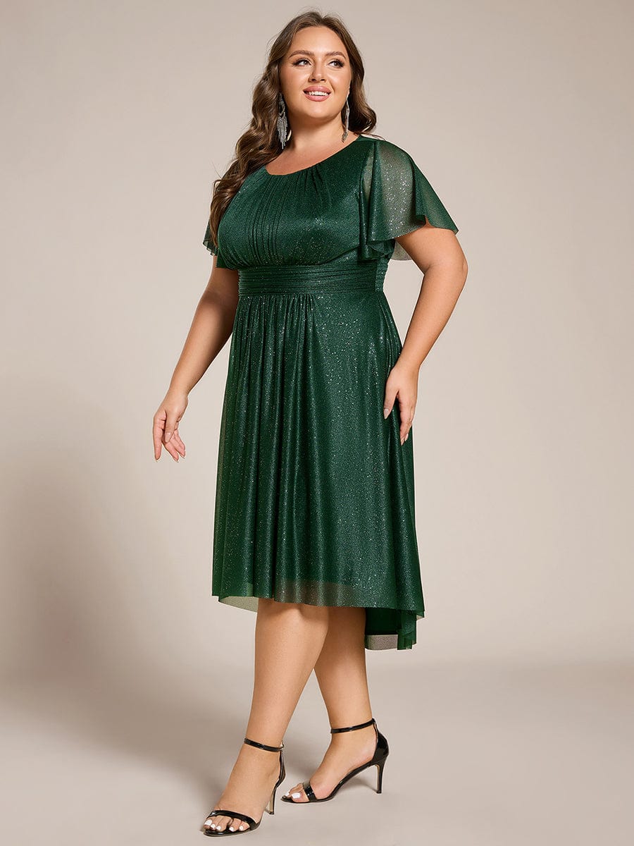 Short Sleeves Round Neck Asymmetrical Midi Wedding Guest Dress #color_Dark Green