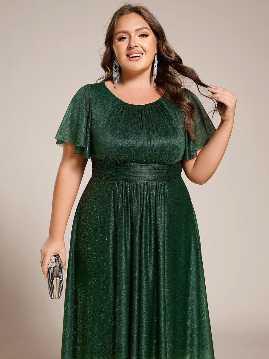 Plus Size Sequin Round Neck Asymmetrical Midi Wedding Guest Dress #color_Dark Green