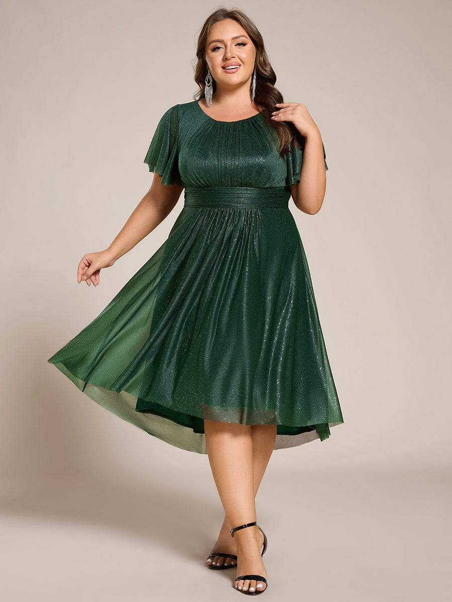 Short Sleeves Round Neck Asymmetrical Midi Formal Dress #color_Dark Green