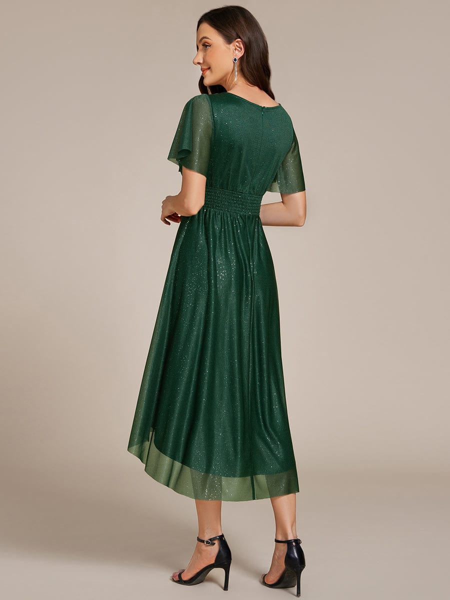 Short Sleeves Round Neck Asymmetrical Midi Formal Dress #color_Dark Green