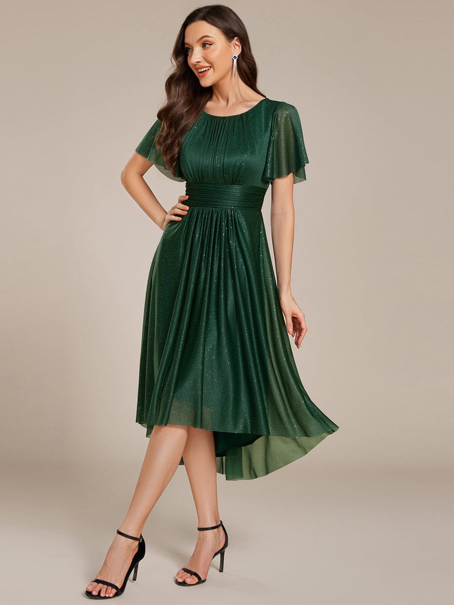 Short Sleeves Round Neck Asymmetrical Midi Wedding Guest Dress #color_Dark Green