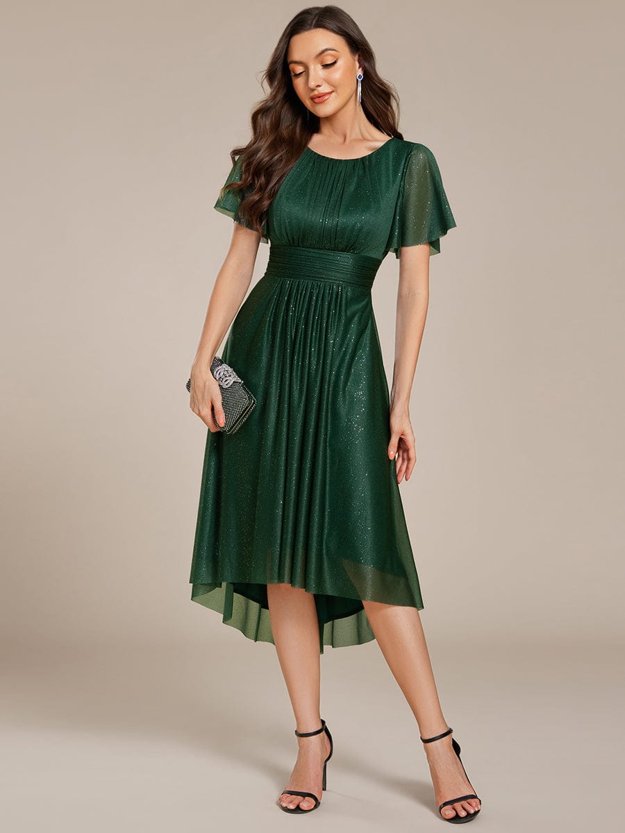 Short Sleeves Round Neck Asymmetrical Midi Wedding Guest Dress #color_Dark Green