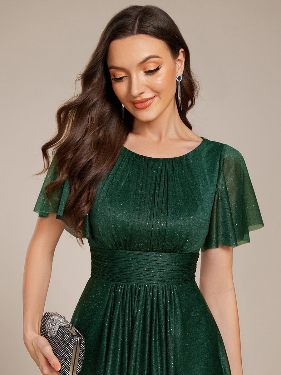 Short Sleeves Round Neck Asymmetrical Midi Formal Dress #color_Dark Green