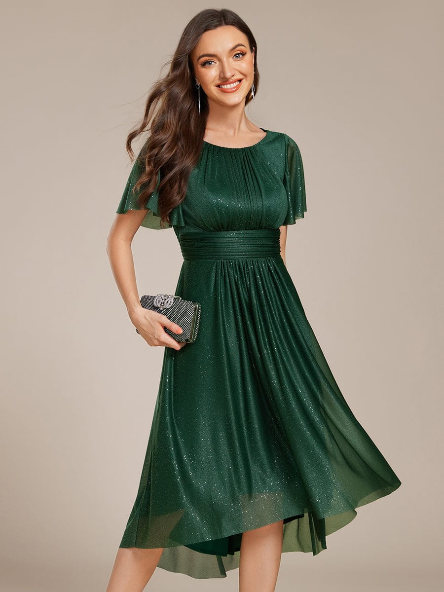 Short Sleeves Round Neck Asymmetrical Midi Formal Dress #color_Dark Green