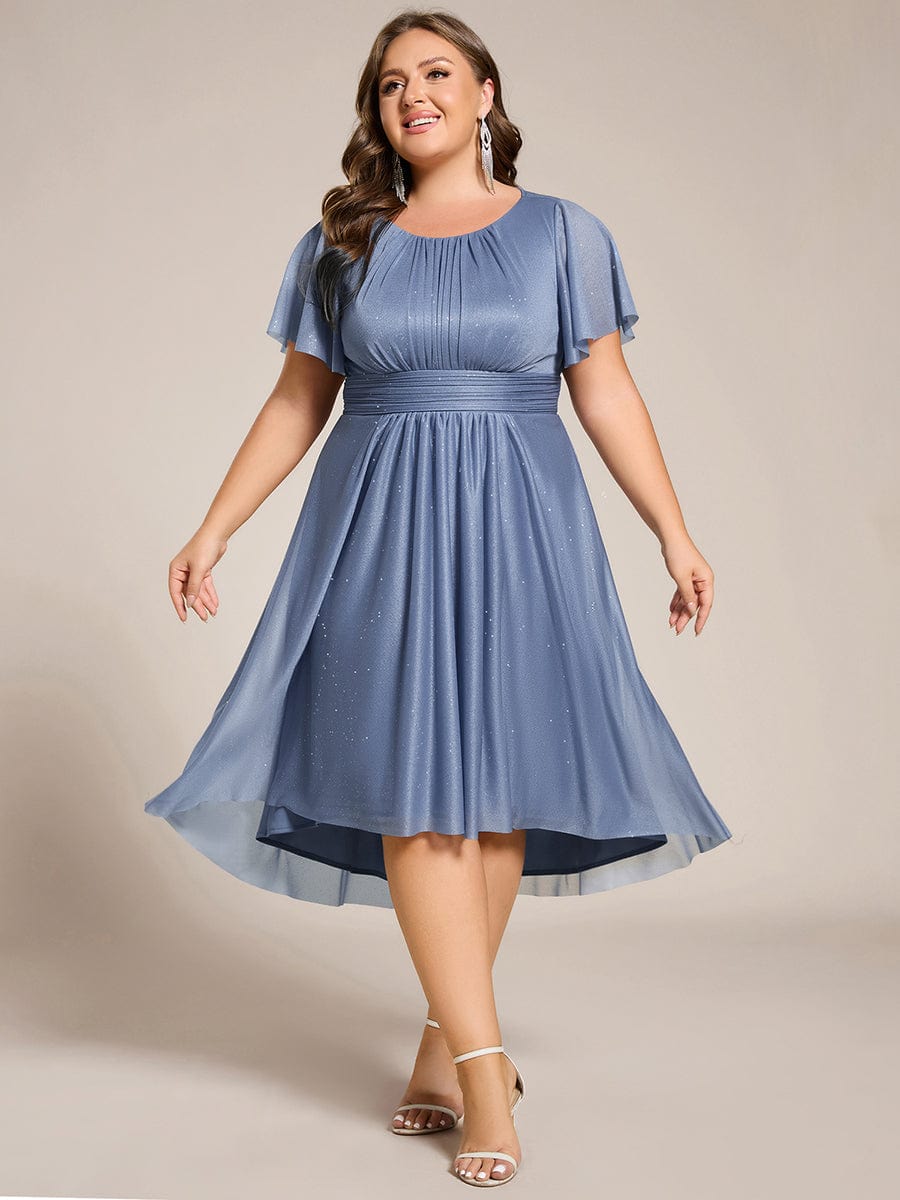 Plus Size Sequin Round Neck Asymmetrical Midi Wedding Guest Dress #color_Dusty Blue