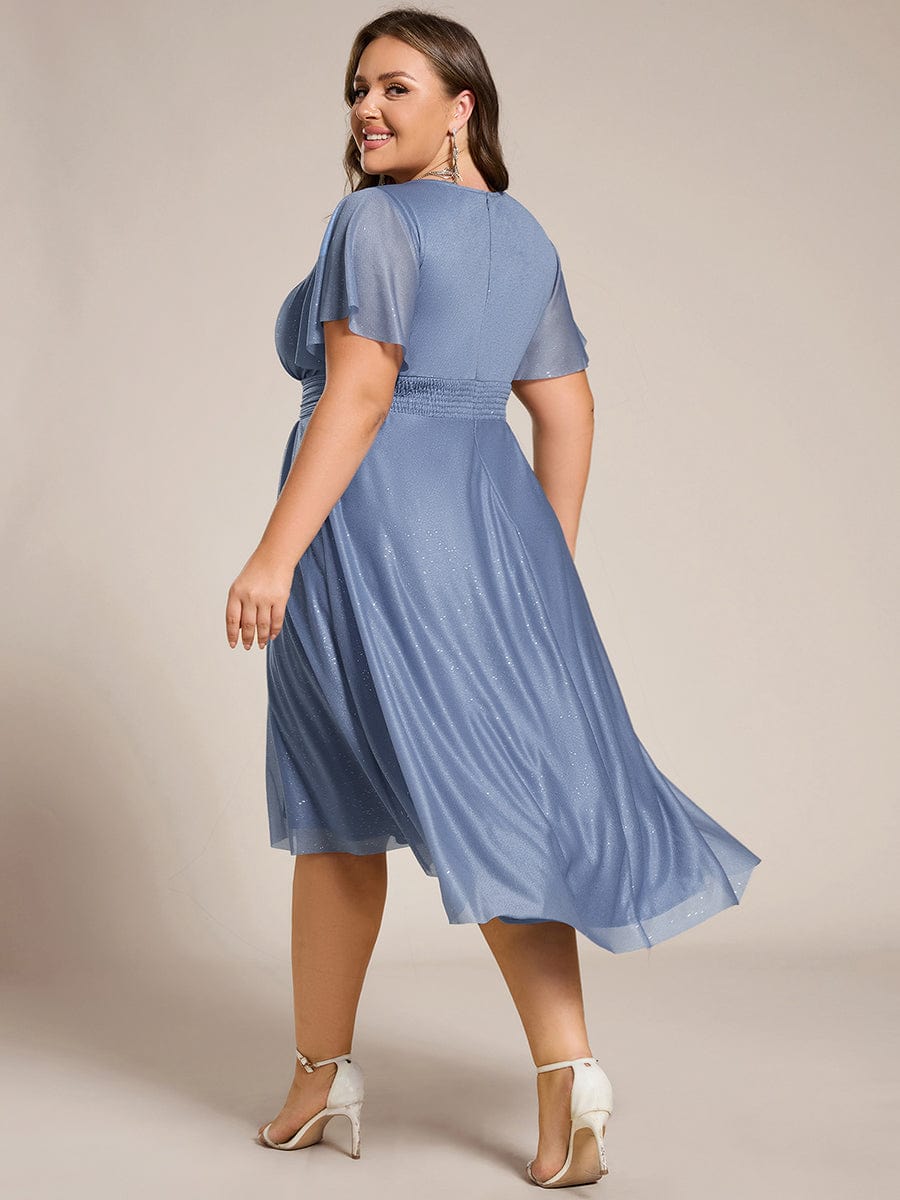 Short Sleeves Round Neck Asymmetrical Midi Wedding Guest Dress #color_Dusty Blue