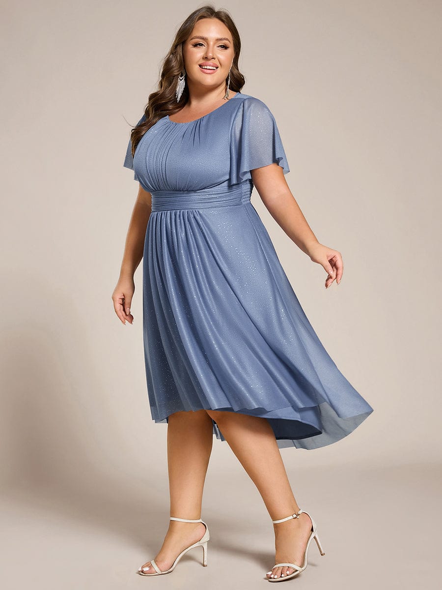 Plus Size Sequin Round Neck Asymmetrical Midi Wedding Guest Dress #color_Dusty Blue