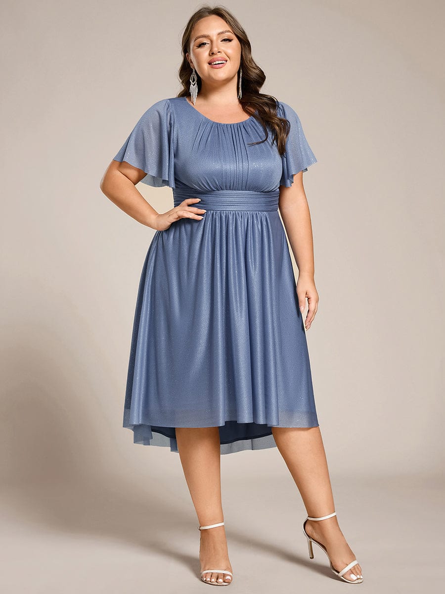 Short Sleeves Round Neck Asymmetrical Midi Wedding Guest Dress #color_Dusty Blue