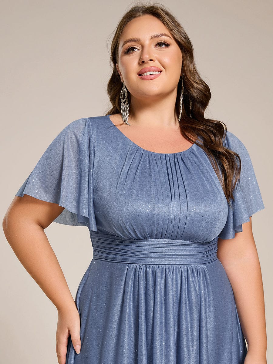 Short Sleeves Round Neck Asymmetrical Midi Wedding Guest Dress #color_Dusty Blue