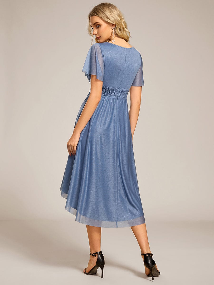 Short Sleeves Round Neck Asymmetrical Midi Wedding Guest Dress #color_Dusty Blue