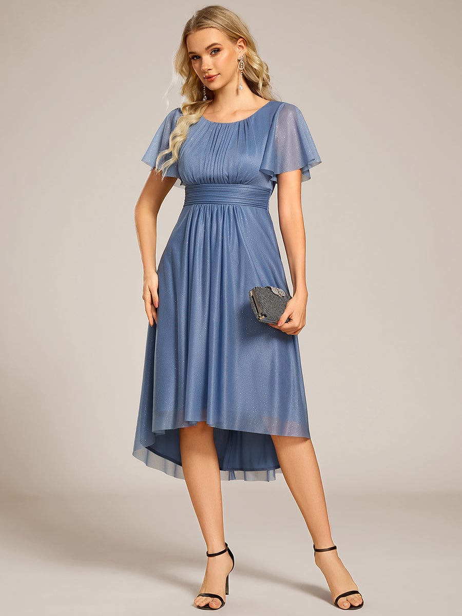 Short Sleeves Round Neck Asymmetrical Midi Formal Dress #color_Dusty Blue