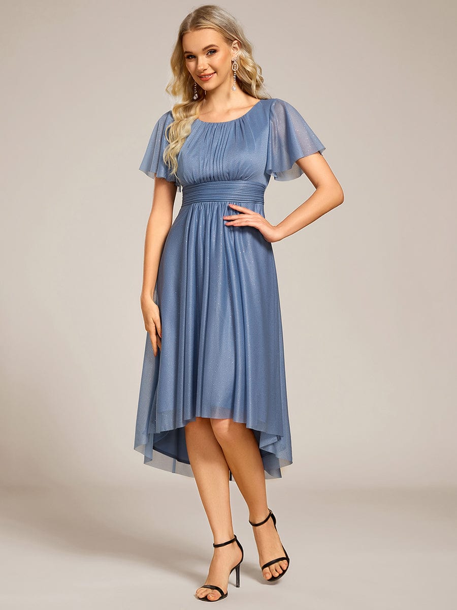 Short Sleeves Round Neck Asymmetrical Midi Wedding Guest Dress #color_Dusty Blue