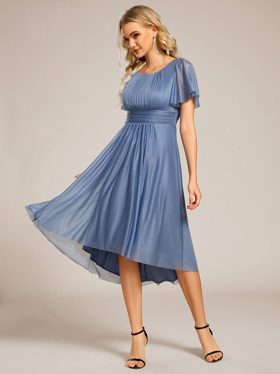 Short Sleeves Round Neck Asymmetrical Midi Wedding Guest Dress #color_Dusty Blue