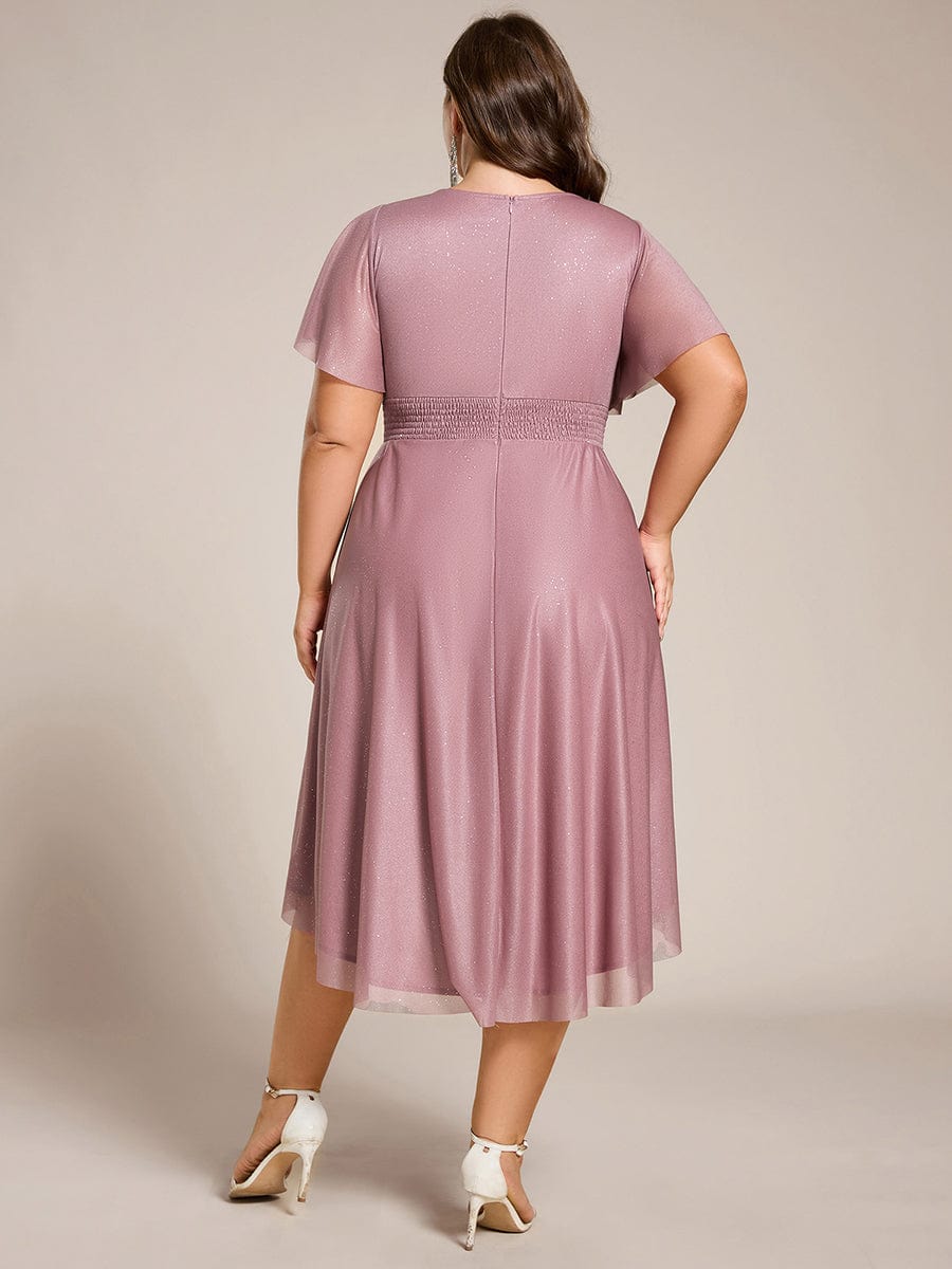 Short Sleeves Round Neck Asymmetrical Midi Wedding Guest Dress #color_Purple Orchid