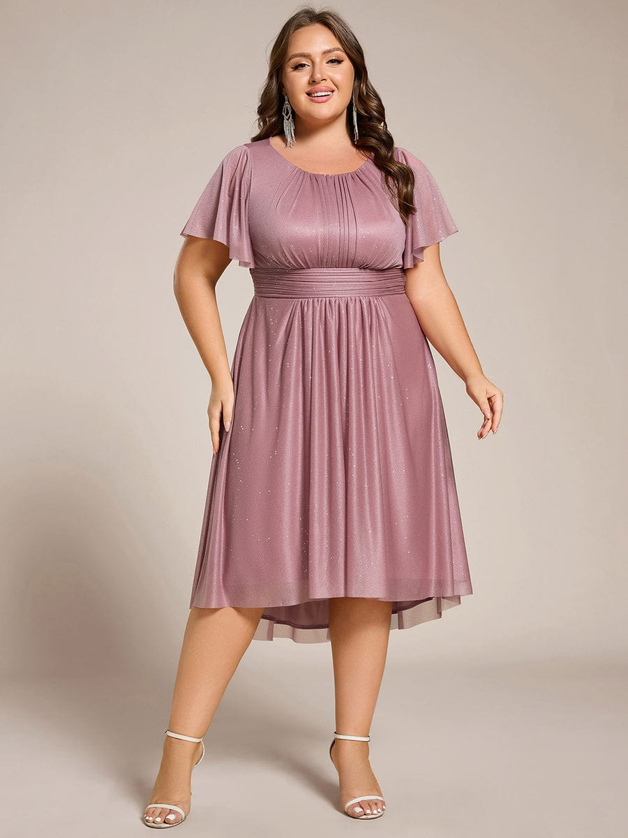 Short Sleeves Round Neck Asymmetrical Midi Wedding Guest Dress #color_Purple Orchid