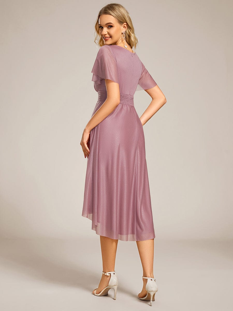 Short Sleeves Round Neck Asymmetrical Midi Wedding Guest Dress #color_Purple Orchid