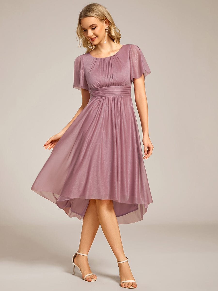 Short Sleeves Round Neck Asymmetrical Midi Wedding Guest Dress #color_Purple Orchid