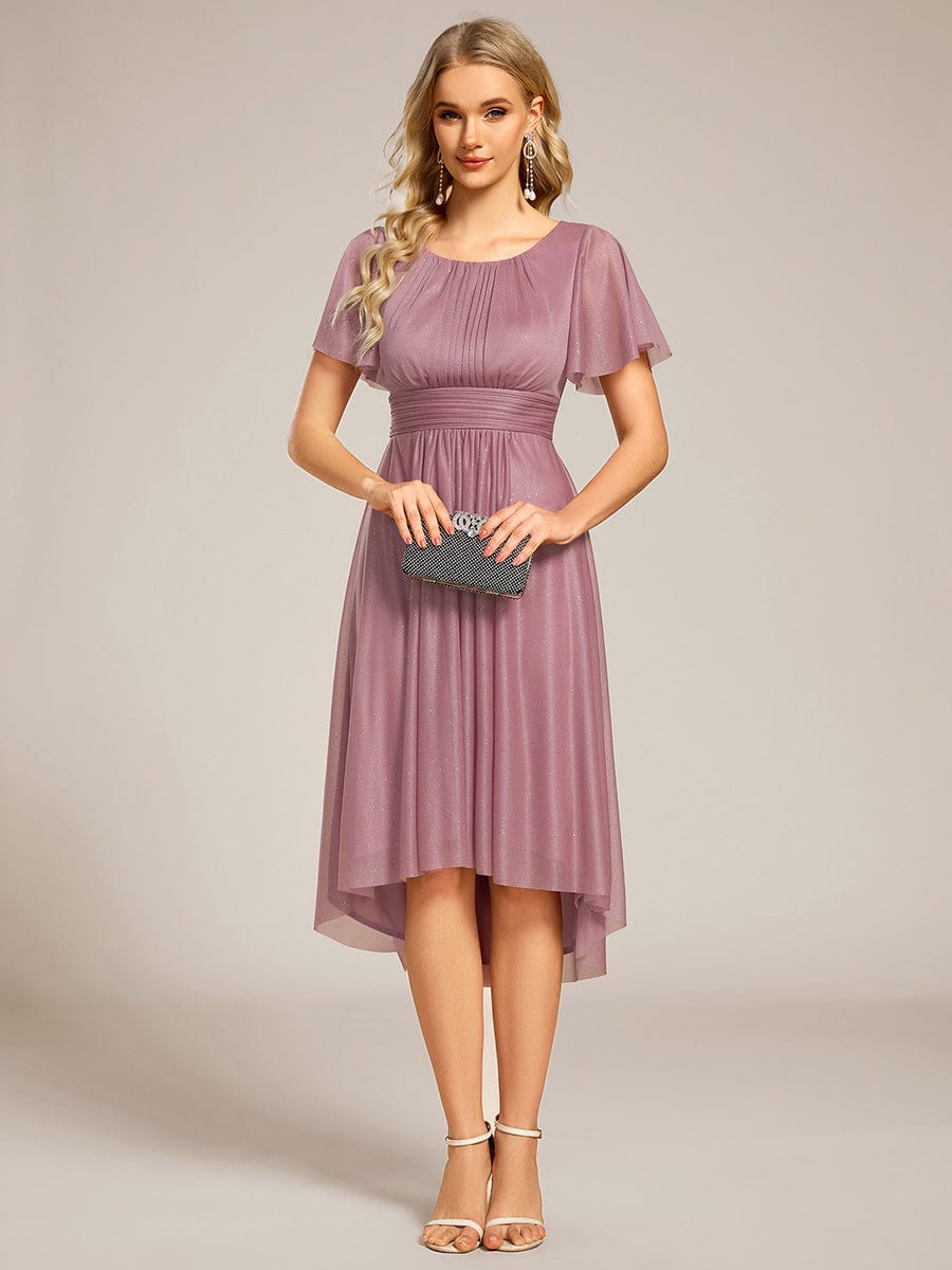 Short Sleeves Round Neck Asymmetrical Midi Wedding Guest Dress #color_Purple Orchid