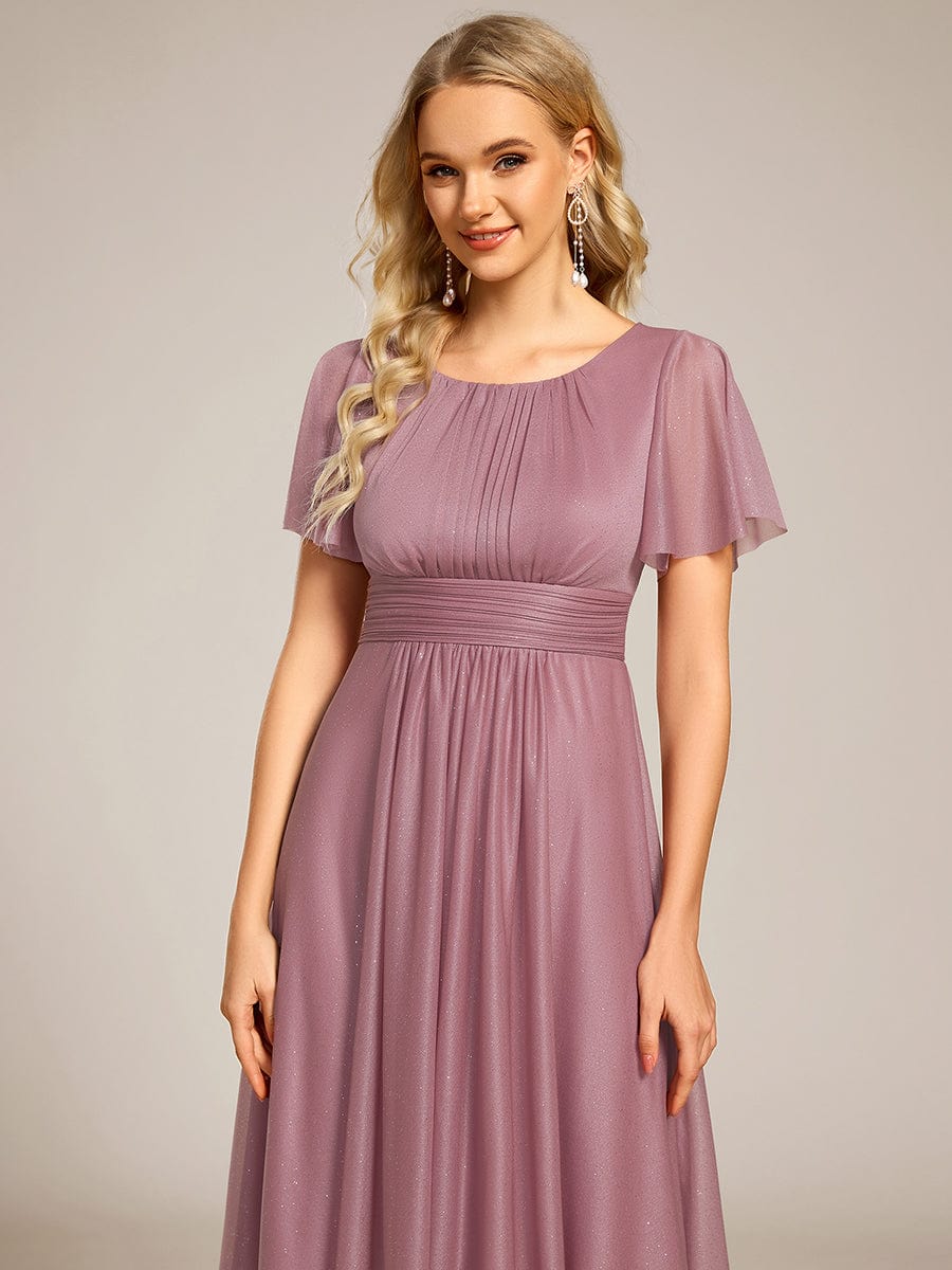 Short Sleeves Round Neck Asymmetrical Midi Wedding Guest Dress #color_Purple Orchid