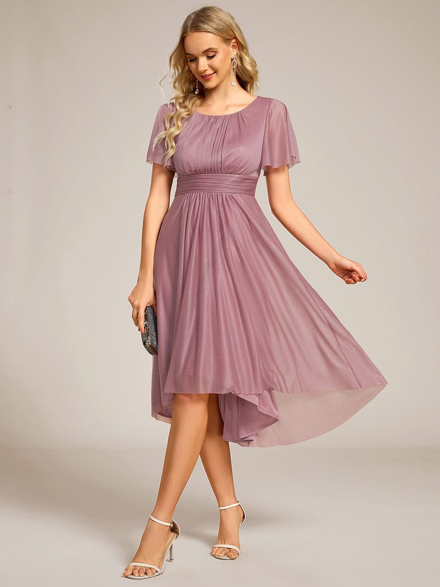 Short Sleeves Round Neck Asymmetrical Midi Wedding Guest Dress #color_Purple Orchid