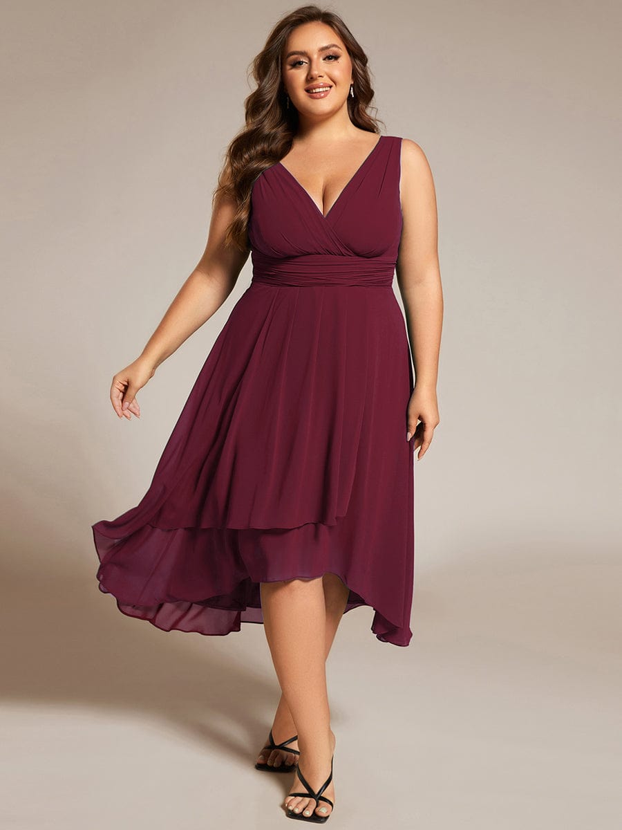 Plus Size Pleated Sleeveless V-Neck Midi Chiffon Wedding Guest Dress #color_Burgundy