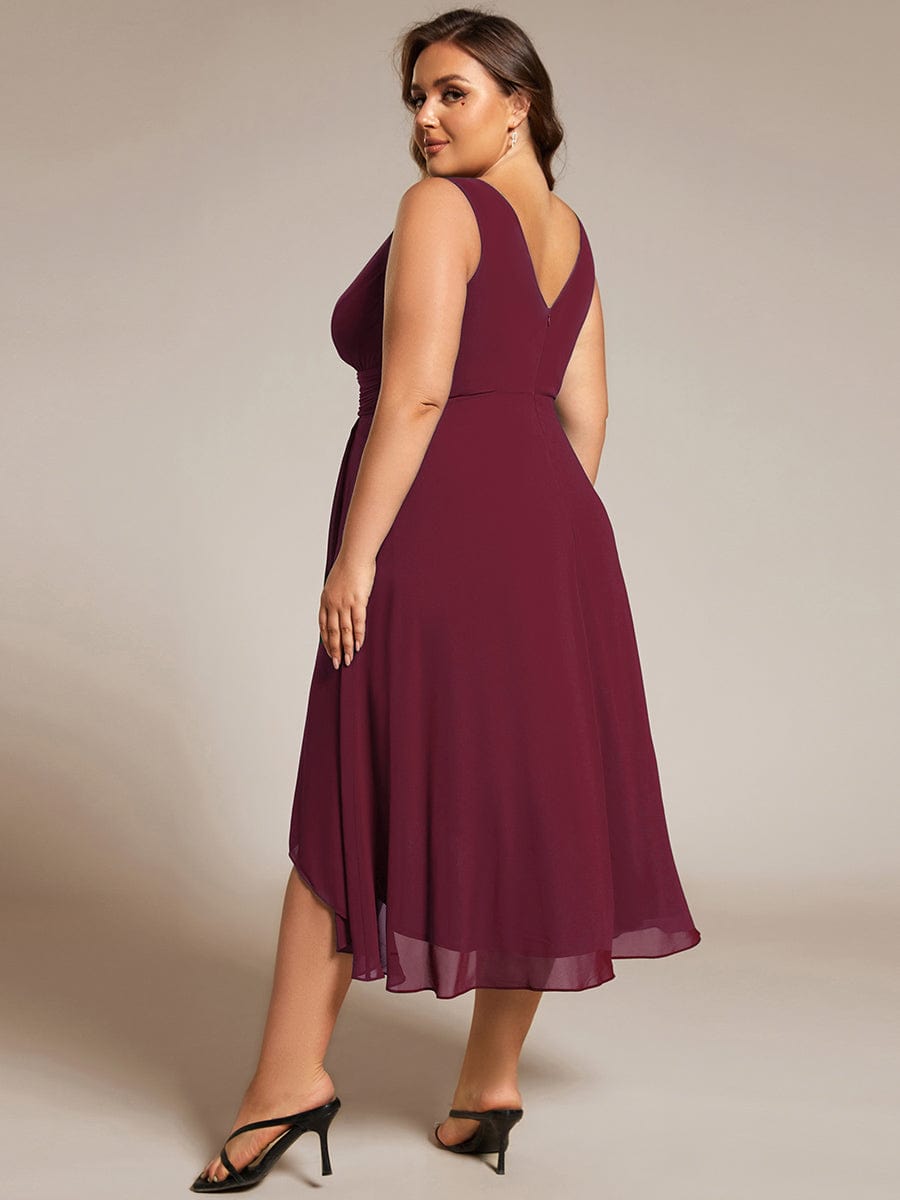 Plus Size Pleated Sleeveless V-Neck Midi Chiffon Wedding Guest Dress #color_Burgundy