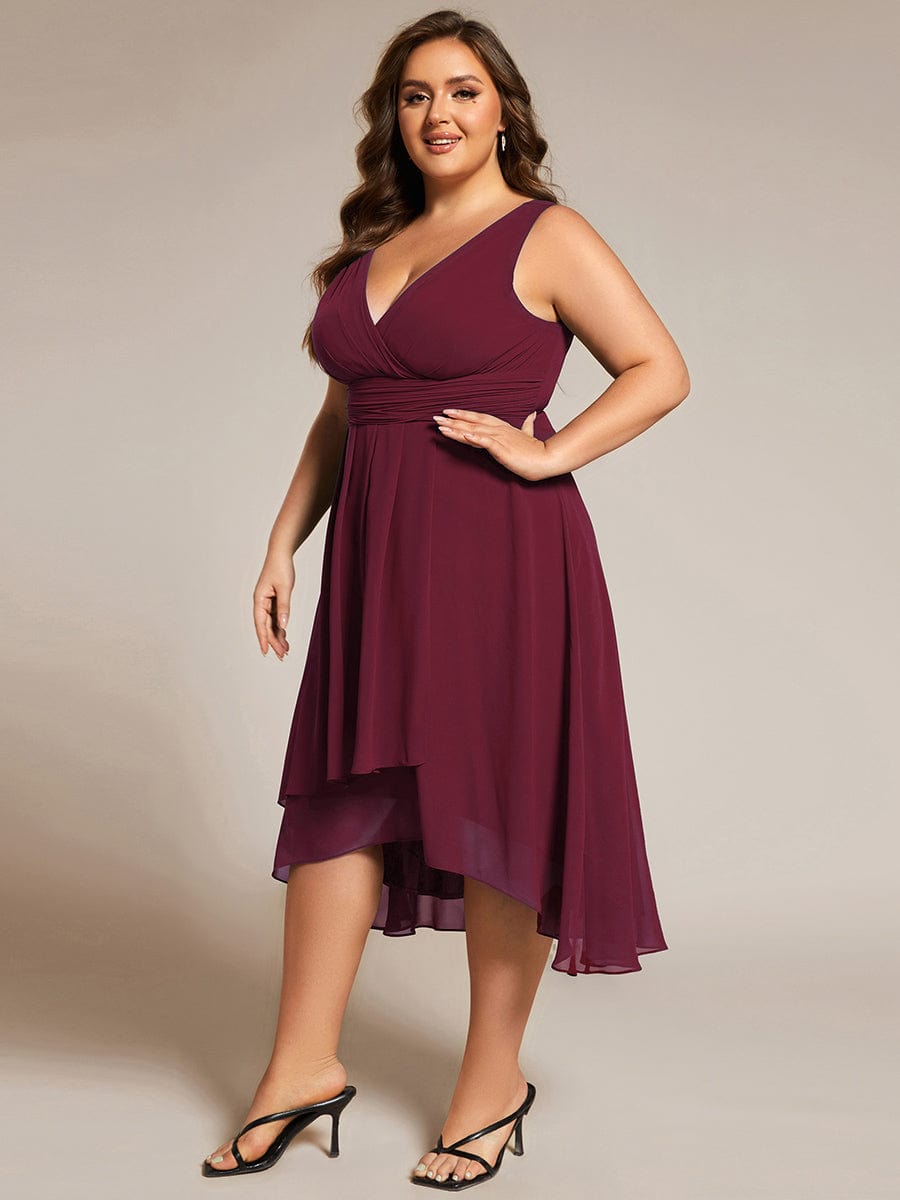 Plus Size Pleated Sleeveless V-Neck Midi Chiffon Wedding Guest Dress #color_Burgundy