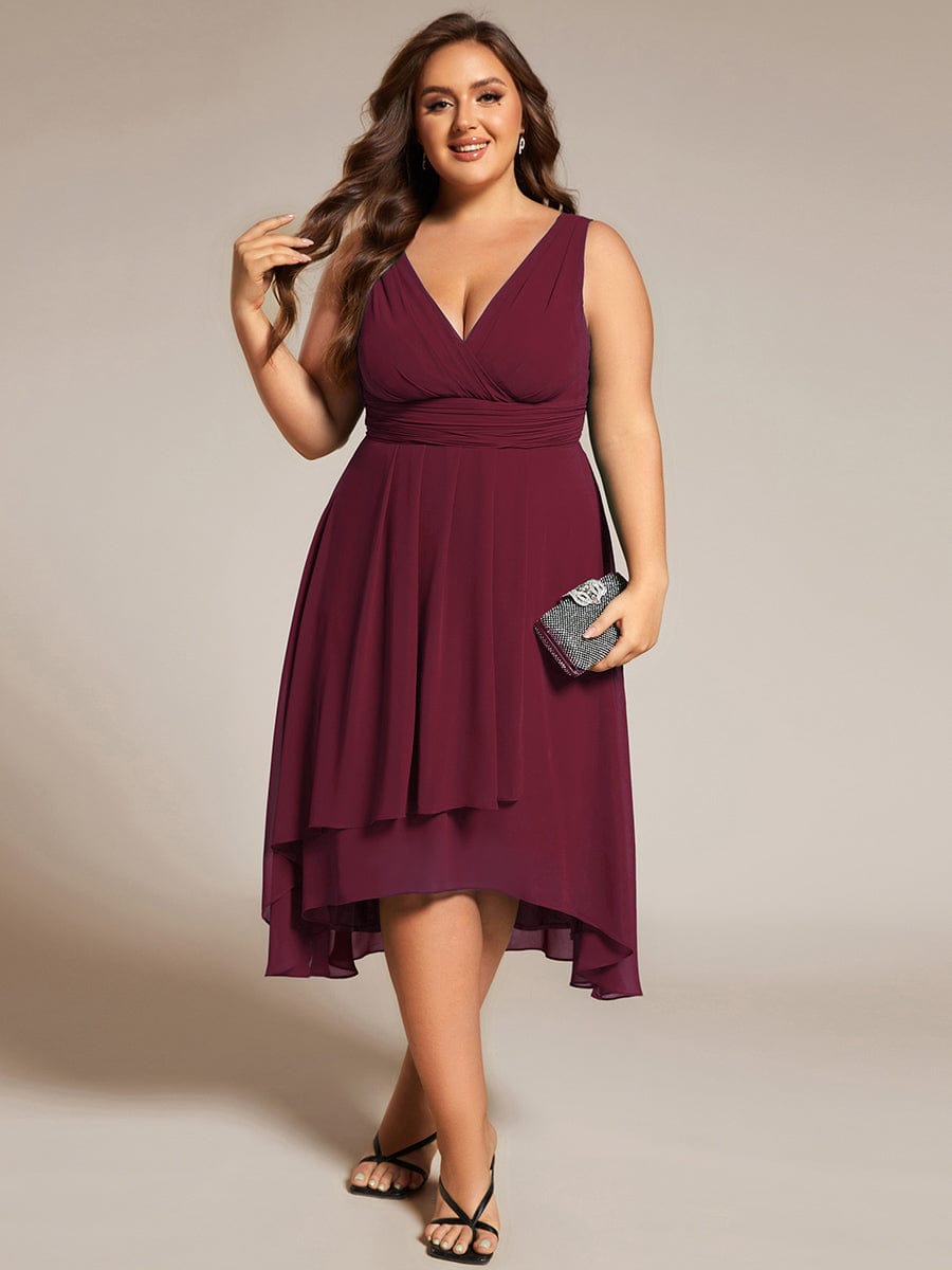 Plus Size Pleated Sleeveless V-Neck Midi Chiffon Wedding Guest Dress #color_Burgundy