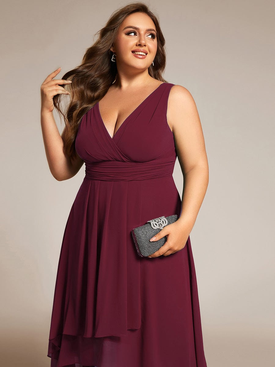 Plus Size Pleated Sleeveless V-Neck Midi Chiffon Wedding Guest Dress #color_Burgundy