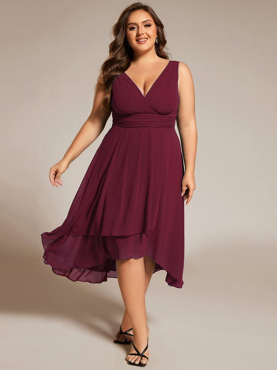 Chic V-Neck Pleated Sleeveless High-Low Chiffon Wedding Guest Dress #color_Burgundy
