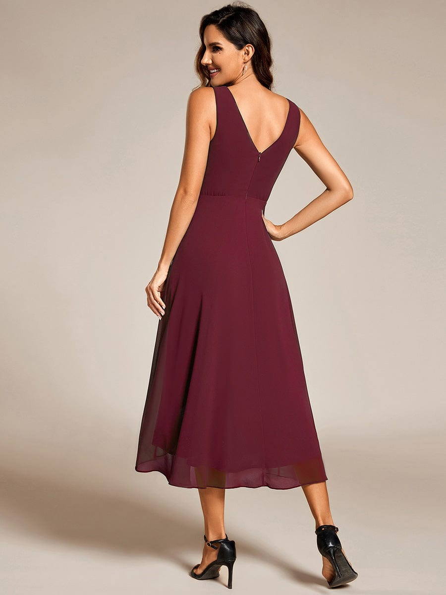 Chic V-Neck Pleated Sleeveless High-Low Chiffon Wedding Guest Dress #color_Burgundy