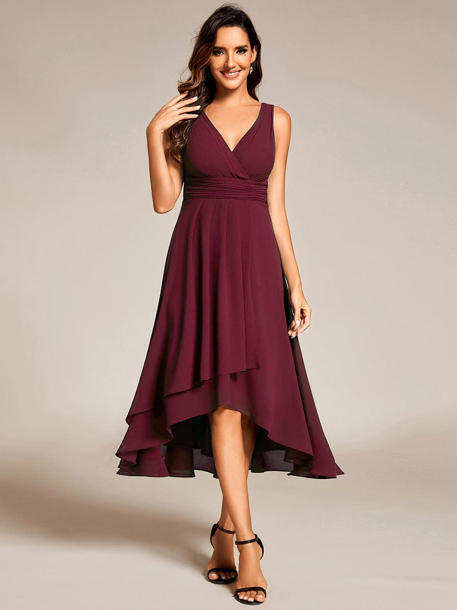 Chic V-Neck Pleated Sleeveless High-Low Chiffon Wedding Guest Dress #color_Burgundy
