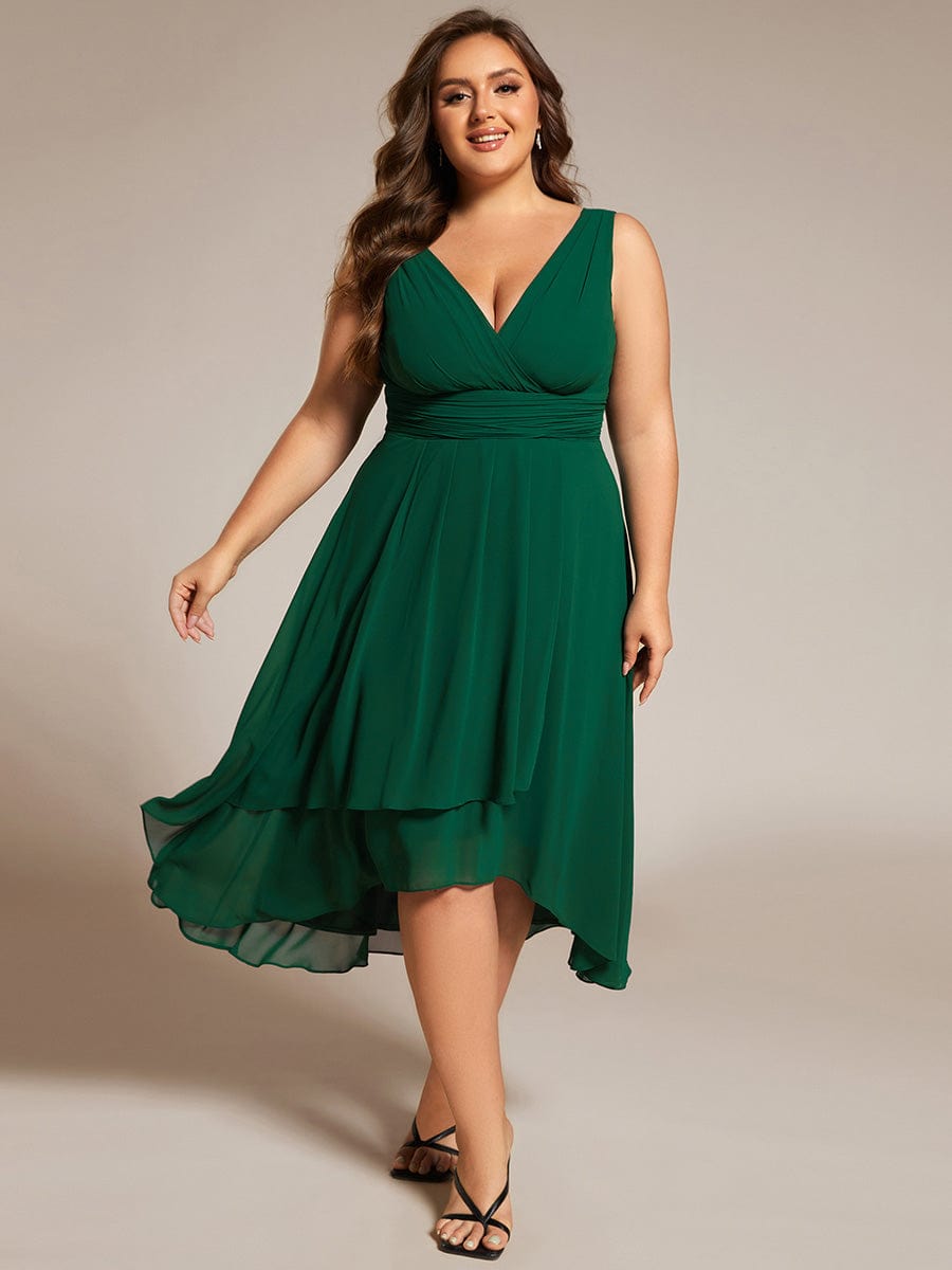 Plus Size Pleated Sleeveless V-Neck Midi Chiffon Wedding Guest Dress #color_Dark Green