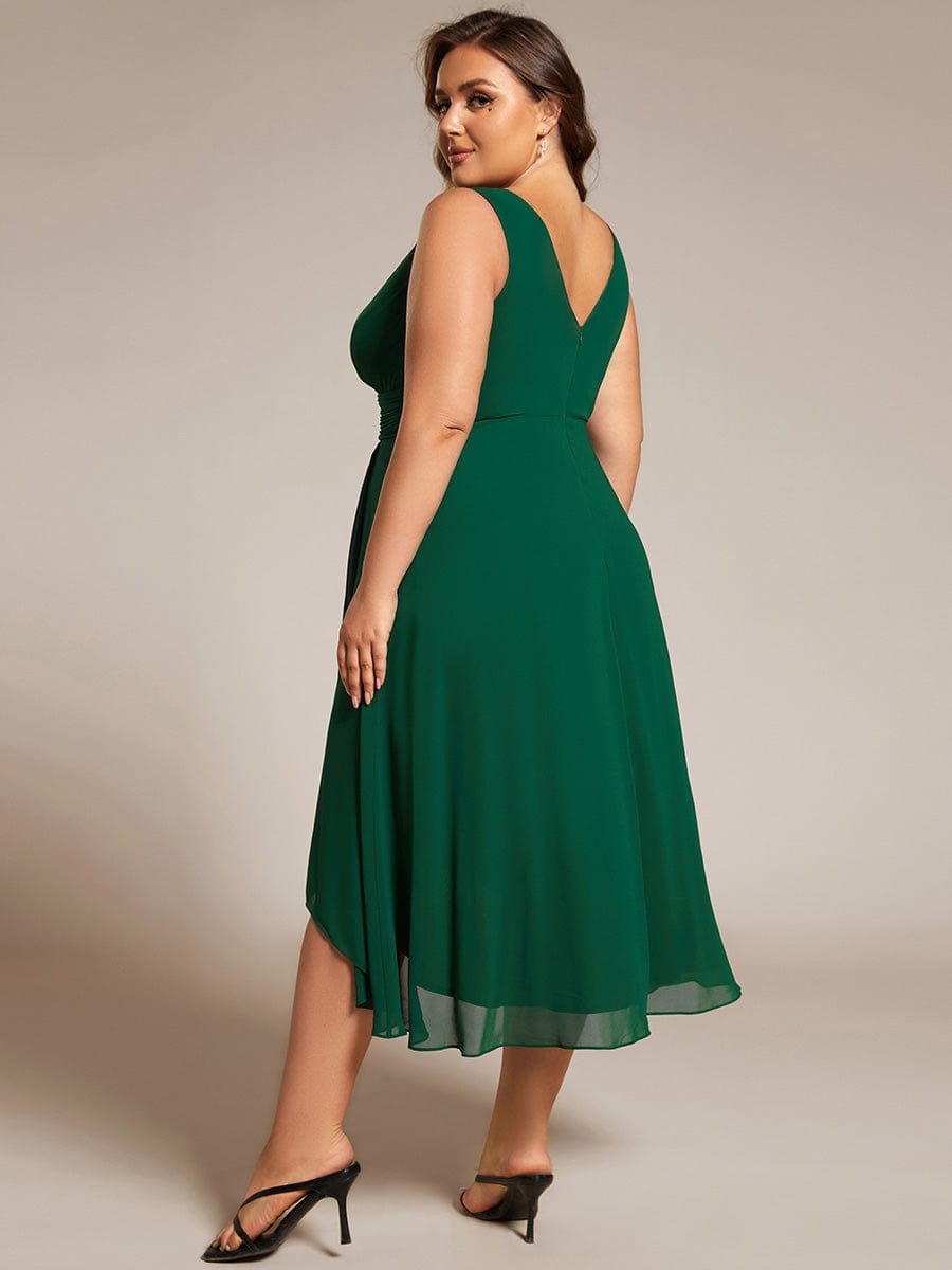 Plus Size Pleated Sleeveless V-Neck Midi Chiffon Wedding Guest Dress #color_Dark Green