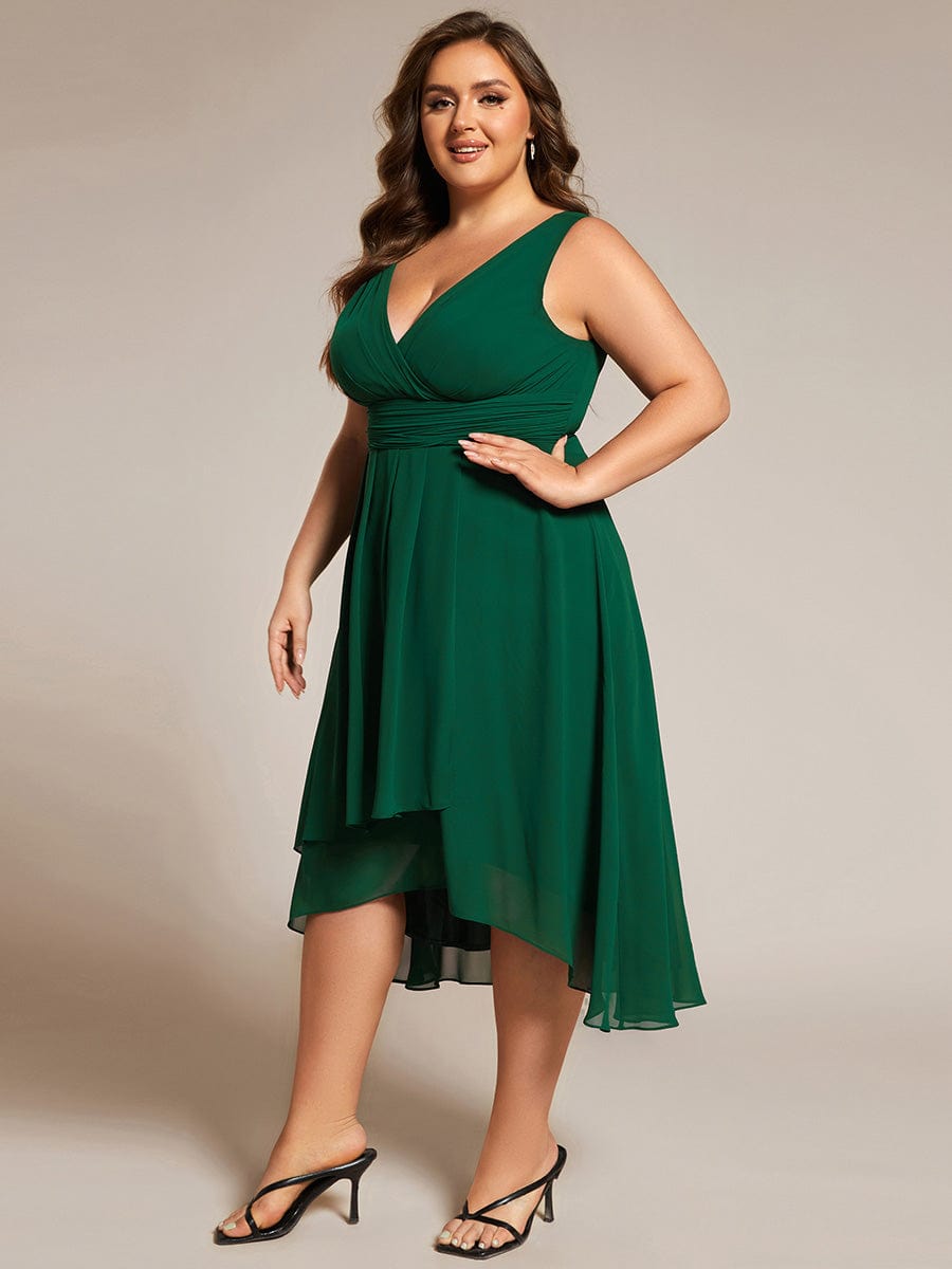 Plus Size Pleated Sleeveless V-Neck Midi Chiffon Wedding Guest Dress #color_Dark Green