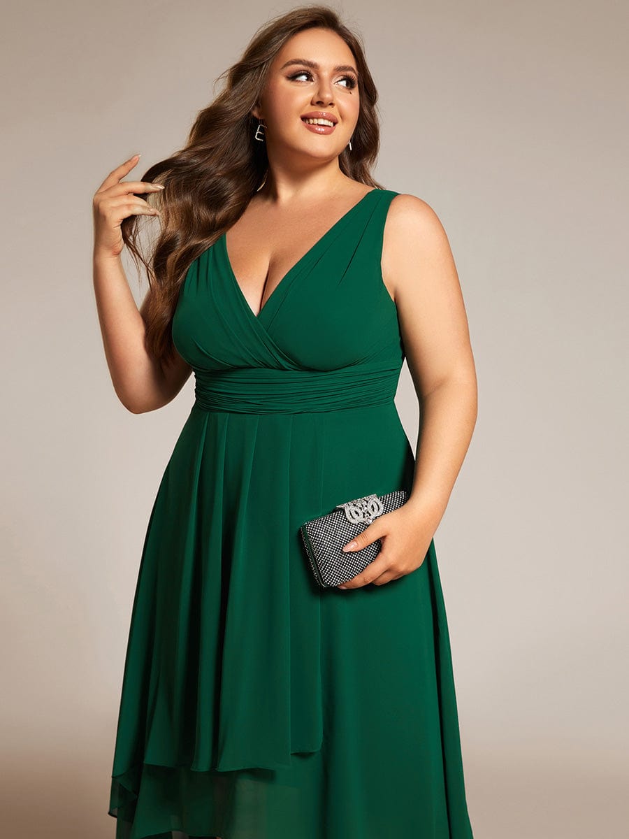 Plus Size Pleated Sleeveless V-Neck Midi Chiffon Wedding Guest Dress #color_Dark Green