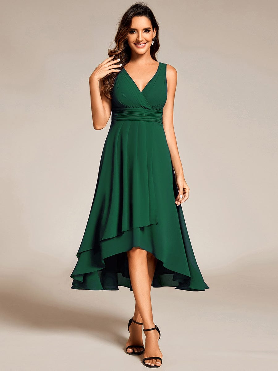 Chic V-Neck Pleated Sleeveless High-Low Chiffon Wedding Guest Dress #color_Dark Green