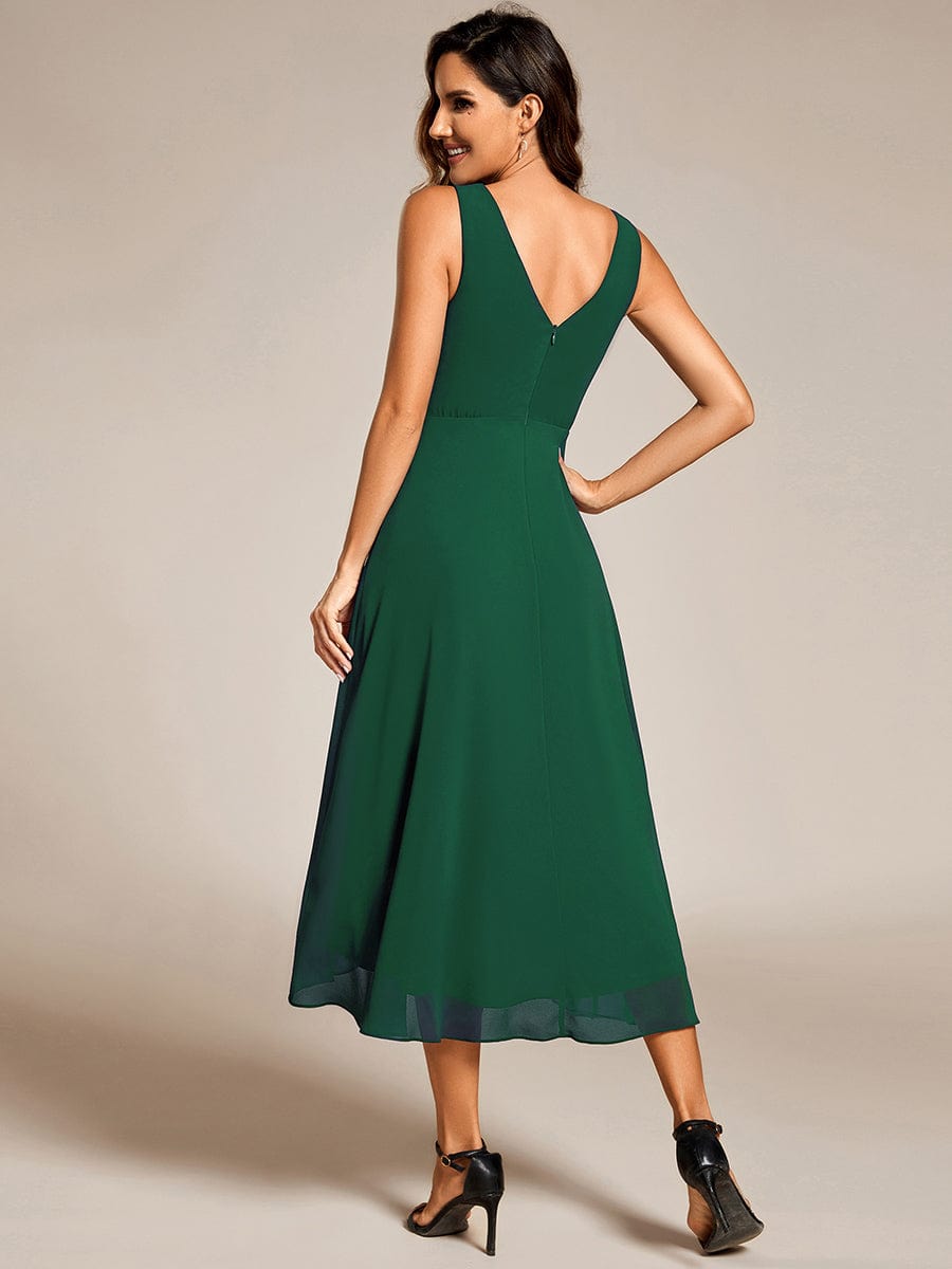 Chic V-Neck Pleated Sleeveless High-Low Chiffon Wedding Guest Dress #color_Dark Green