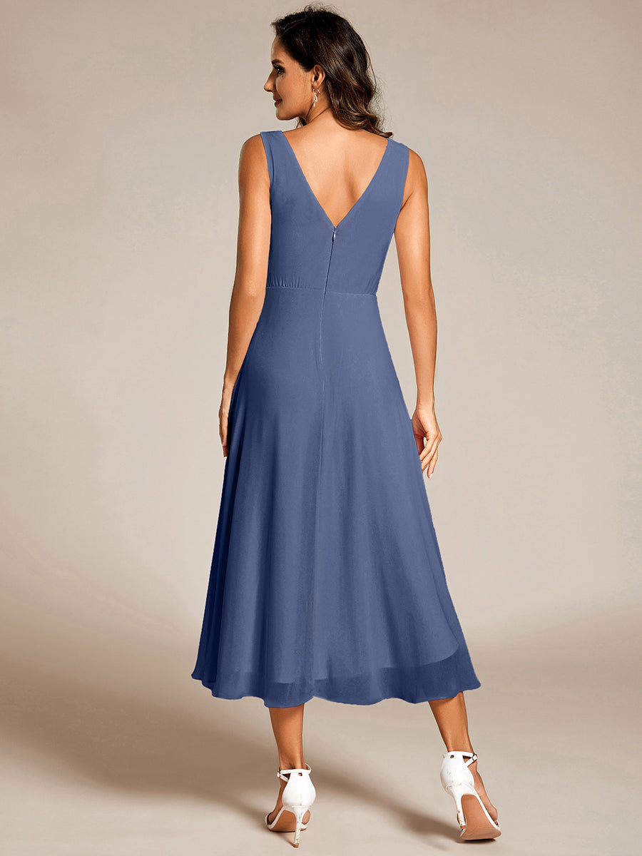 Chic V-Neck Pleated Sleeveless High-Low Chiffon Wedding Guest Dress #color_Dusty Blue