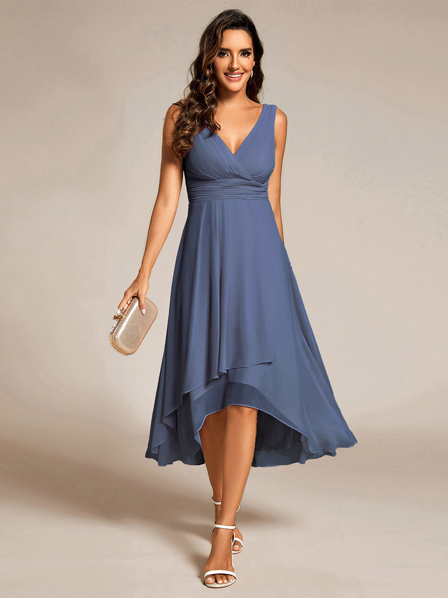 Chic V-Neck Pleated Sleeveless High-Low Chiffon Wedding Guest Dress #color_Dusty Blue