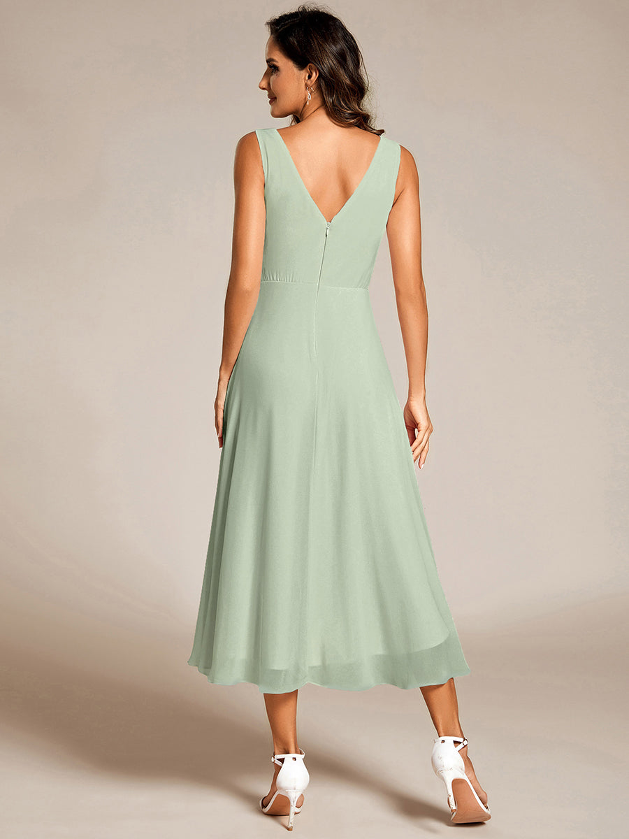 Chic V-Neck Pleated Sleeveless High-Low Chiffon Wedding Guest Dress #color_Mint Green