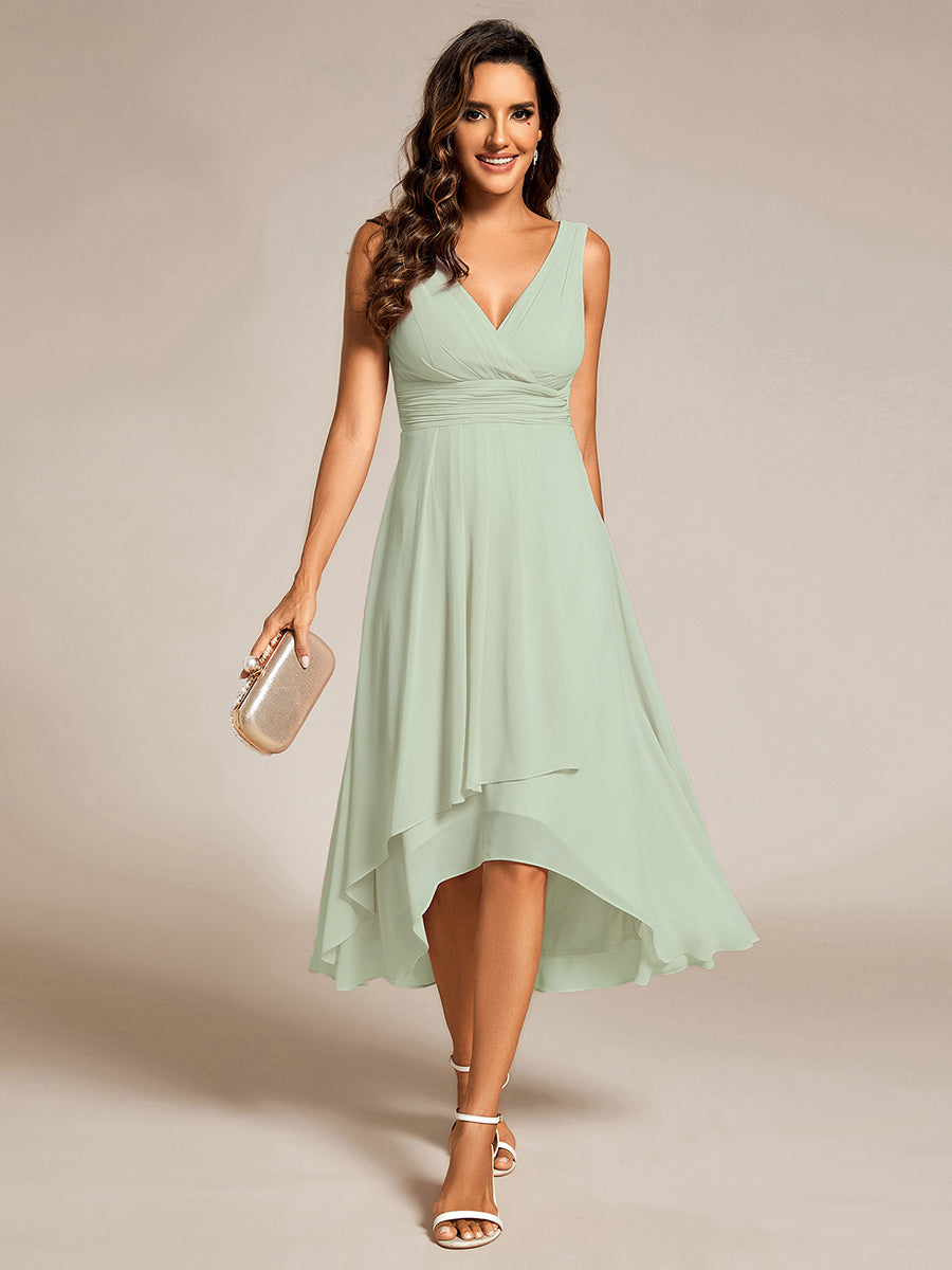 Chic V-Neck Pleated Sleeveless High-Low Chiffon Wedding Guest Dress #color_Mint Green