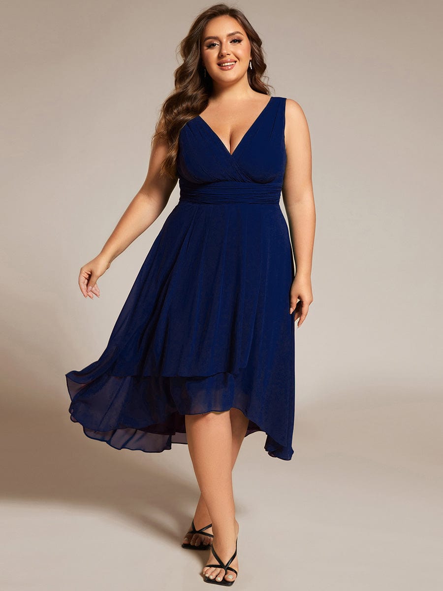 Plus Size Pleated Sleeveless V-Neck Midi Chiffon Wedding Guest Dress #color_Navy Blue