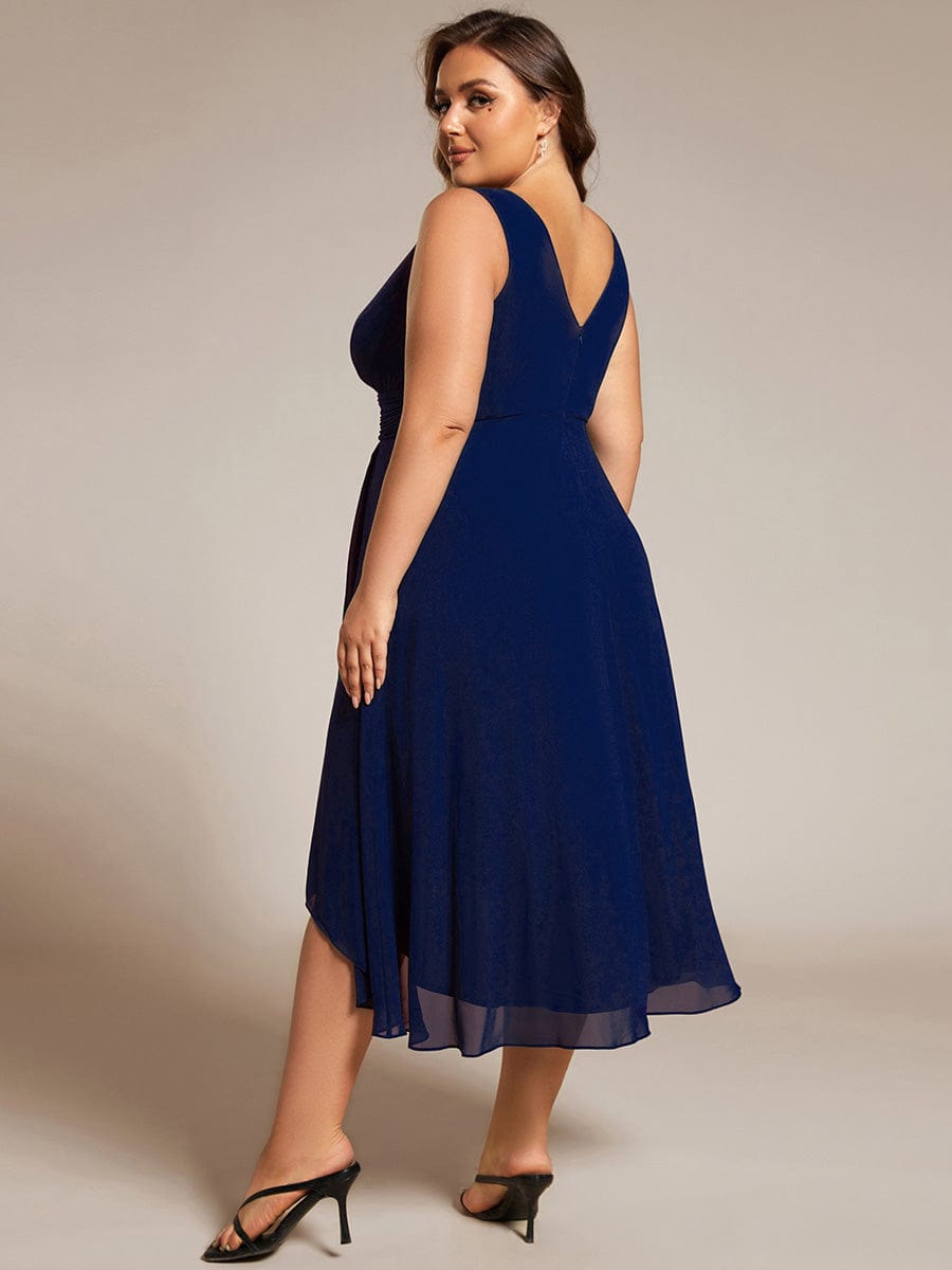 Plus Size Pleated Sleeveless V-Neck Midi Chiffon Wedding Guest Dress #color_Navy Blue