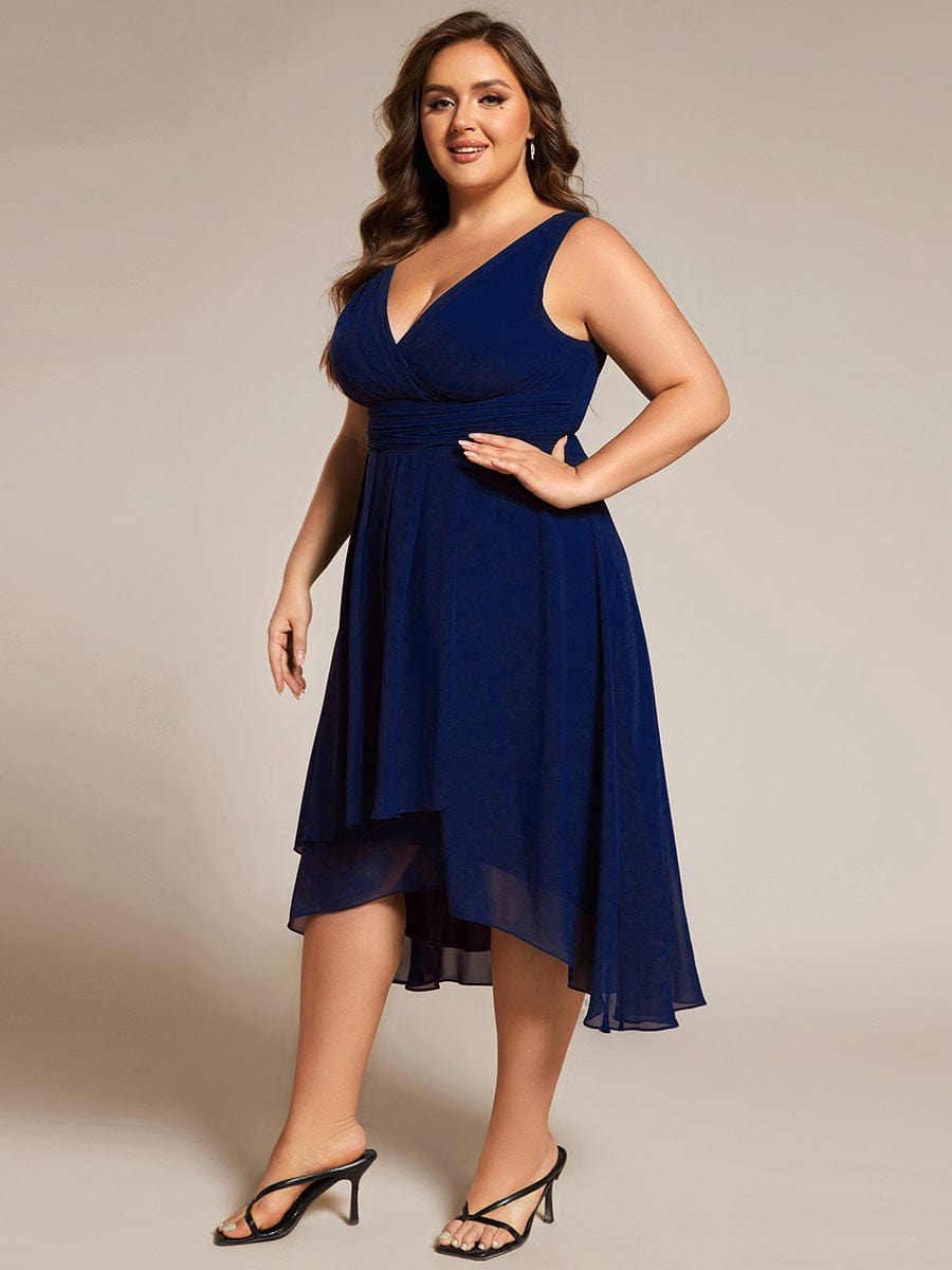 Plus Size Pleated Sleeveless V-Neck Midi Chiffon Wedding Guest Dress #color_Navy Blue